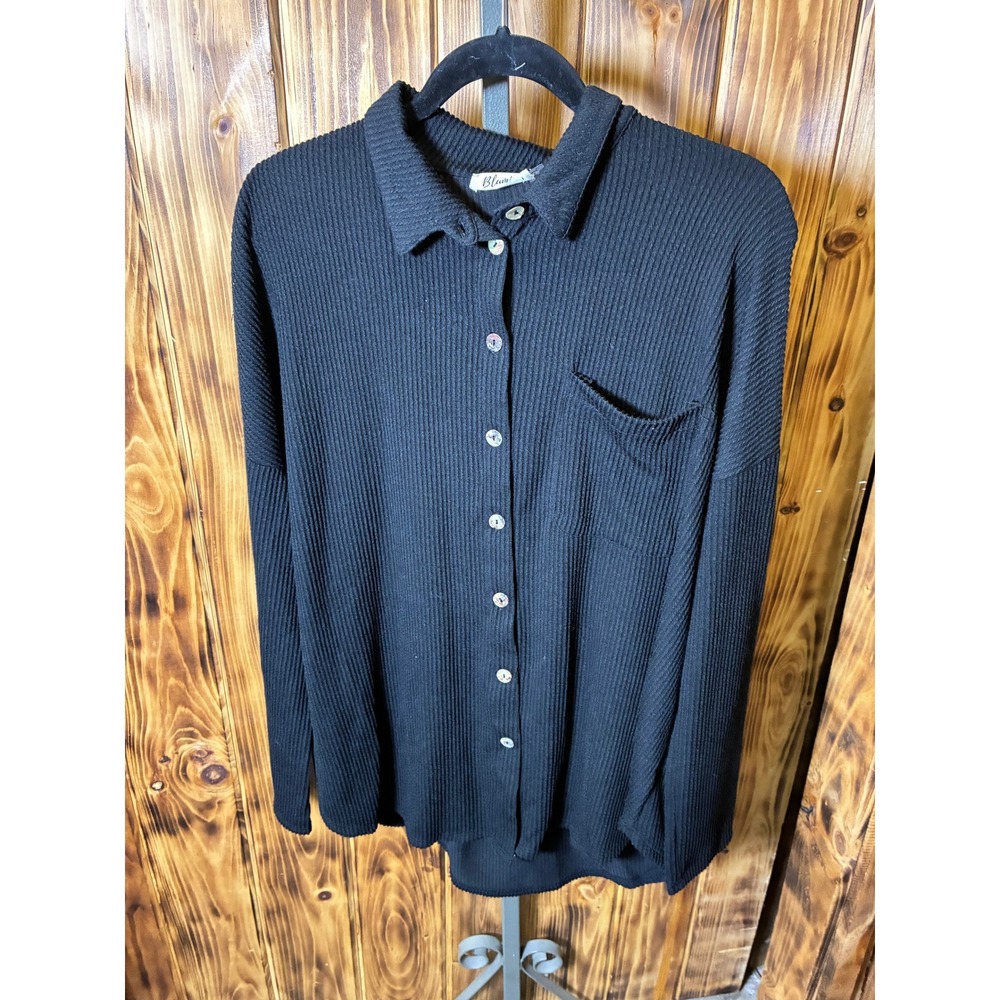Blumin Apparel Womens Black Waffle Knit Button Down Shirt Long Sleeve Medium